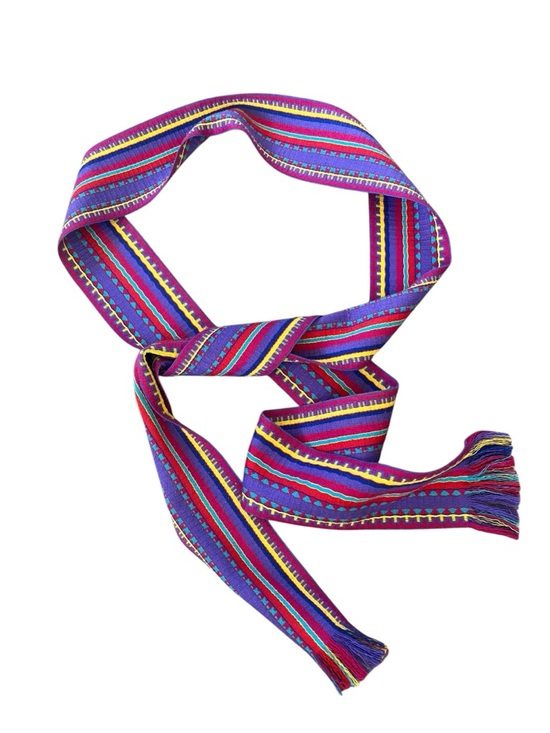 Vintage Accessories - Vintage Woven Multicolor Boho Folk Textile Fringe Wrap Tie Belt OSFM
